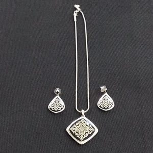 Brighton Necklace with matching earrings. Silver with black inlay & rhinestones.